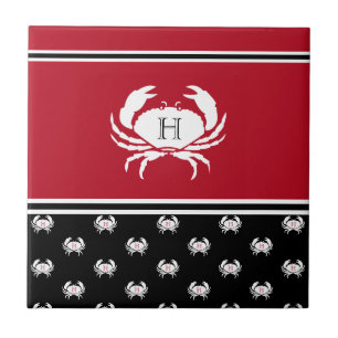 Nautical Crab Monogrammed Red Black White Kakelplatta