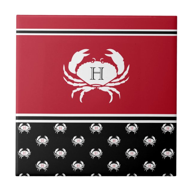Nautical Crab Monogrammed Red Black White Kakelplatta (Framsidan)
