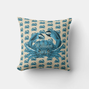 Nautical Custom Name Crab i Blue och Tan Kudde
