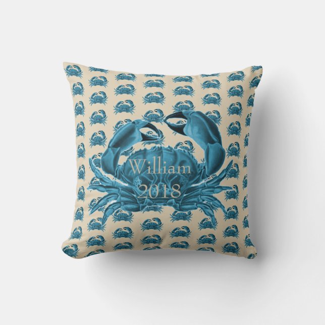 Nautical Custom Name Crab i Blue och Tan Kudde (Framsida)