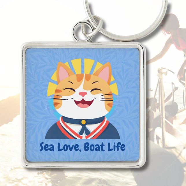 Nautical Cute Cat Gifts for Boat Owners Sailare Fyrkantig Silverfärgad Nyckelring (Nautical Cute Cat Gifts for Boat Owners Sailors)