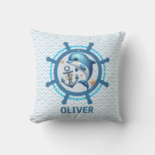 Nautical Cute Dolphin & Anchor in Frakt Wheel Kudde (Framsida)