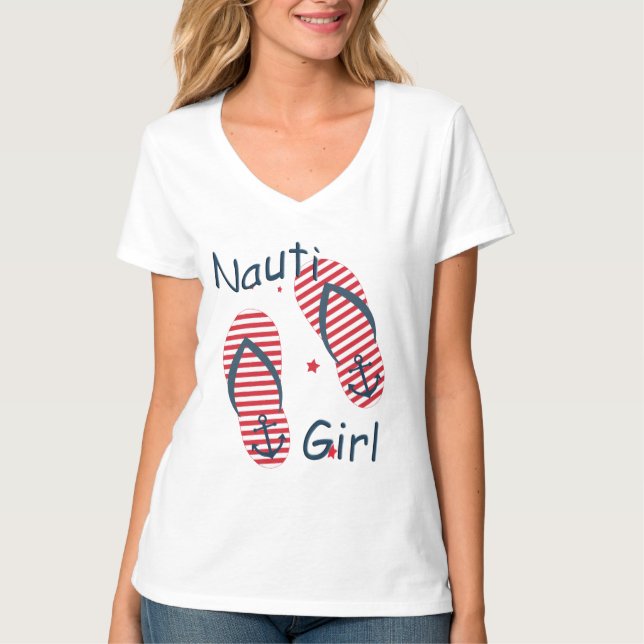 Nautical Cute Flip Flop Design Nauti Girl T-shirt (Framsida)