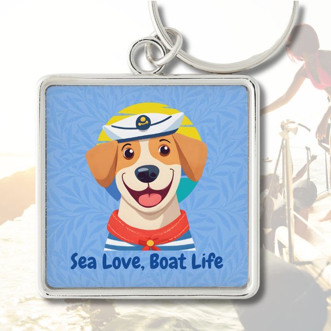 Nautical Cute Hund Gifts for Boat Owners Sailare Fyrkantig Silverfärgad Nyckelring (Nautical Cute Dog Gifts for Boat Owners Sailors)