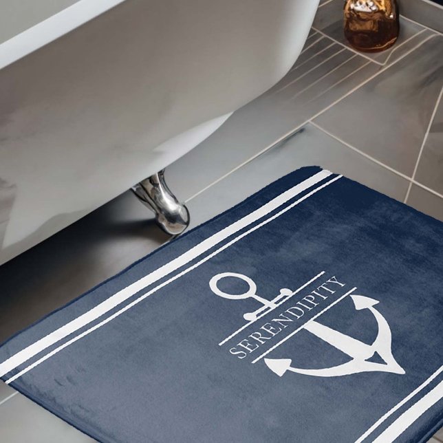 Nautical Decor Boat Anchor Navy White Personlig Badrumsmatta (nautical decor bath mat boat name custom personalized new owner gift white navy anchor)
