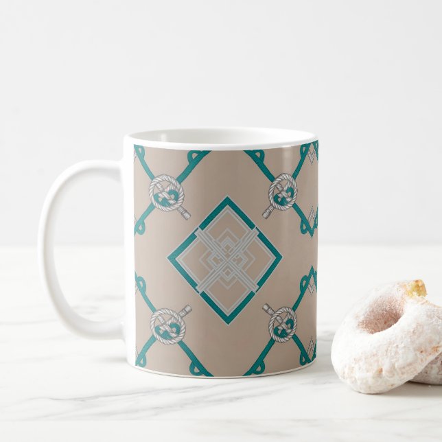 Nautical Diamond Knot Teal, Beige, White Kaffemugg (Med munk)