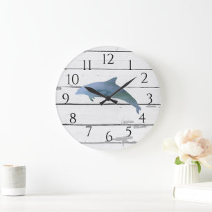 Nautical Dolphin Shiplap Beach Rustic Decor Stor Klocka