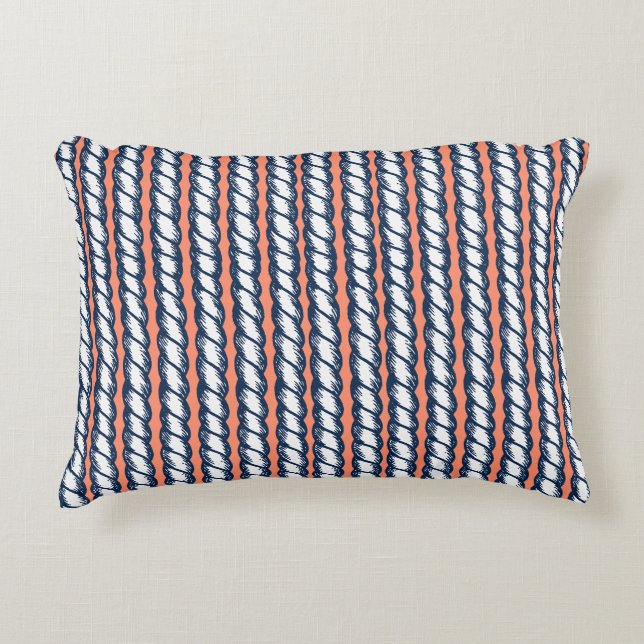 Nautical Doodles – Coral & Navy Rope Stripe Prydnadskudde (Framsidan)