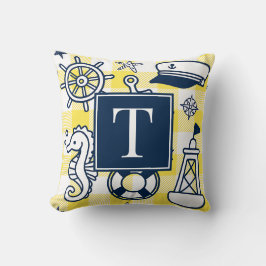 Nautical Doodles – Gul och marinrutig monogram Kudde