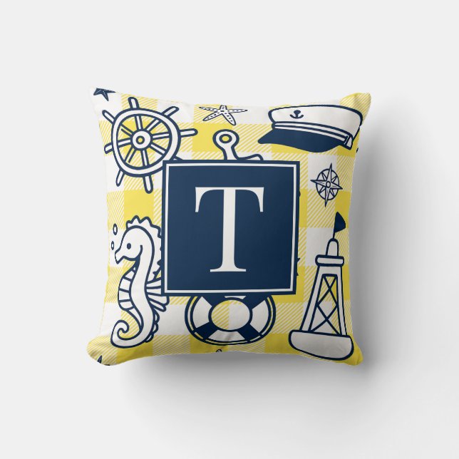 Nautical Doodles – Gul och marinrutig monogram Kudde (Framsida)