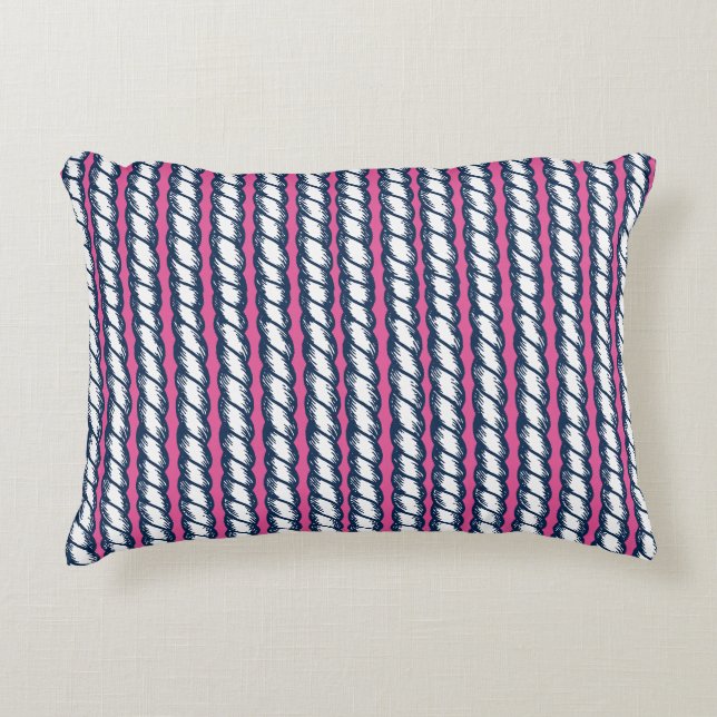 Nautical Doodles – Hot Pink & Navy Rope Stripe Prydnadskudde (Framsidan)