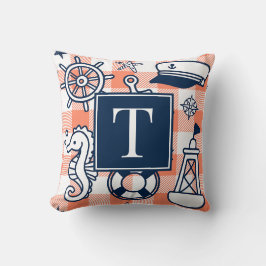 Nautical Doodles – Korall & Marinblå Gingham Monog Kudde