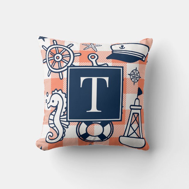 Nautical Doodles – Korall & Marinblå Gingham Monog Kudde (Framsida)