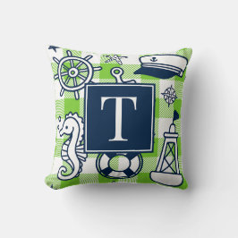 Nautical Doodles – Lime & Navy Gingham Monogram Kudde