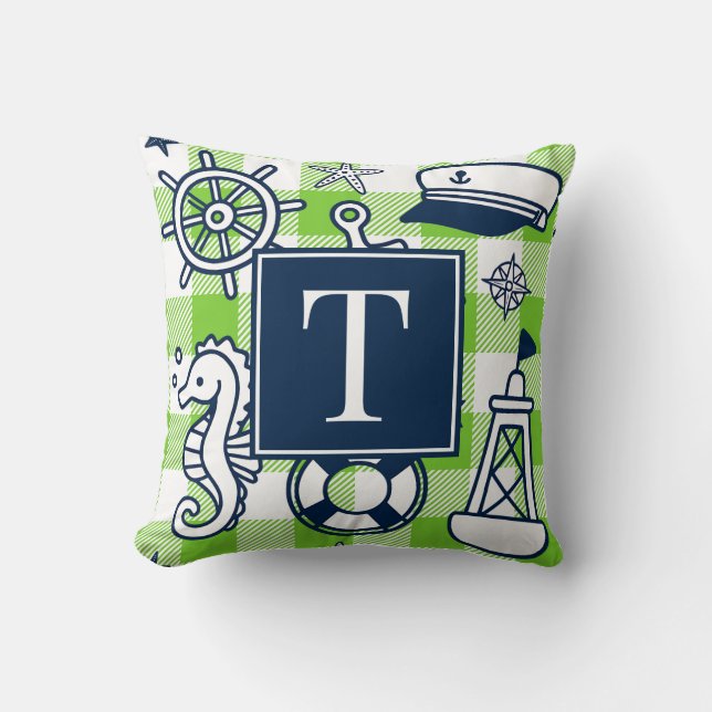 Nautical Doodles – Lime & Navy Gingham Monogram Kudde (Framsida)