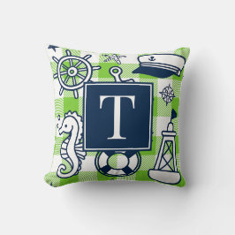 Nautical Doodles – Lime & Navy Rutigt Monogram Kudde