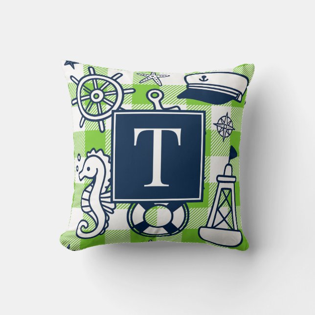 Nautical Doodles – Lime & Navy Rutigt Monogram Kudde (Framsida)