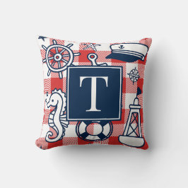 Nautical Doodles – Red & Navy Gingham Monogram Kudde