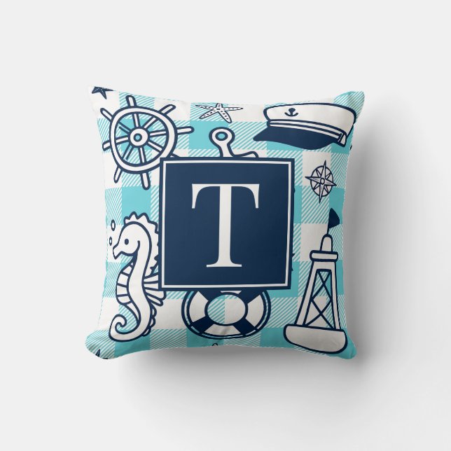Nautical Doodles – Turquoise Navy Gingham Monogram Kudde (Framsida)
