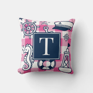 Nautical Doodles – varmt rosa marinrutig monogram Kudde