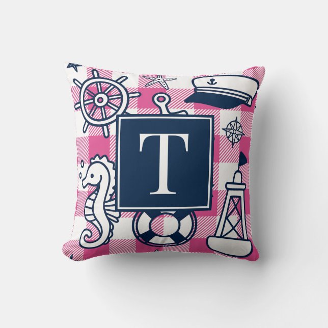 Nautical Doodles – varmt rosa marinrutig monogram Kudde (Framsida)