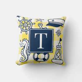 Nautical Doodles – Yellow & Navy Gingham Monogram Kudde