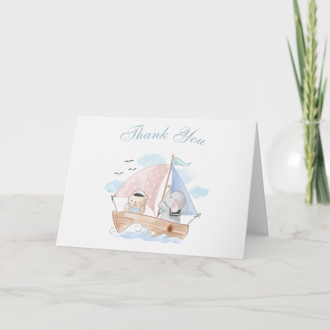 Nautical Elefant Björn Båt Baby Shower Tack Kort (Framsida)