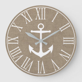 Nautical Elegant Faux Burlap & White Anchor Stor Klocka