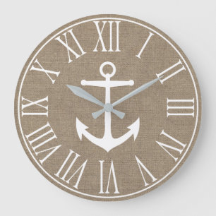 Nautical Elegant Faux Burlap & White Anchor Stor Klocka