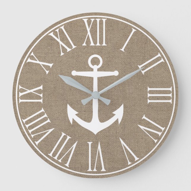 Nautical Elegant Faux Burlap & White Anchor Stor Klocka (Framsida)