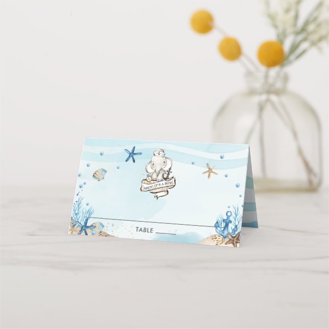 Nautical Elephant Baby Shower Ahoy Det är en pojke Placeringskort (Framsida)