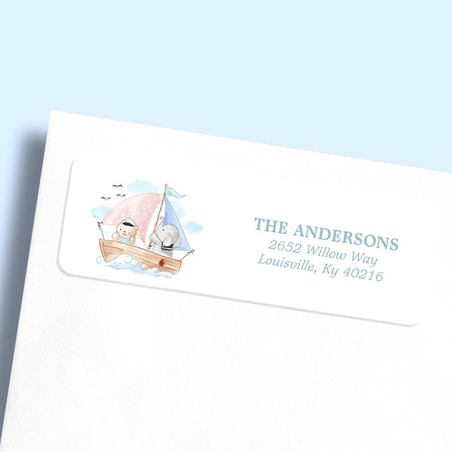 Nautical Elephant Bear Boat Baby Shower Adress Returadress Etikett (Skapare uppladdad)