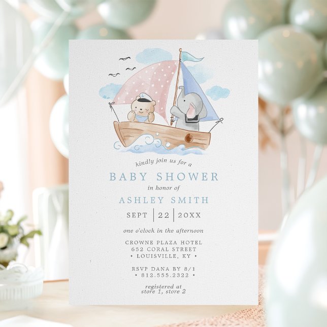 Nautical Elephant Bear Watercolor Boat Baby Shower Inbjudningar (Skapare uppladdad)