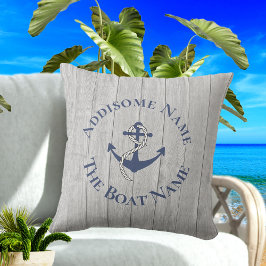 Nautical Family Boat Namn Navy Anchor grått wood Kudde