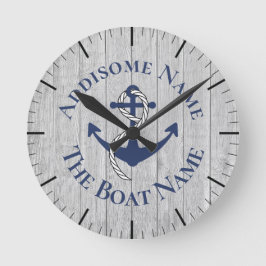 Nautical Family Boat Namn Navy Anchor grått wood   Rund Klocka