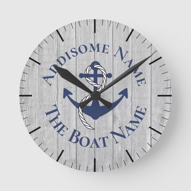 Nautical Family Boat Namn Navy Anchor grått wood   Rund Klocka (Framsida)