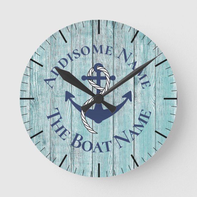 Nautical Family Boat Namn Navy Anchor grått wood Rund Klocka (Framsida)