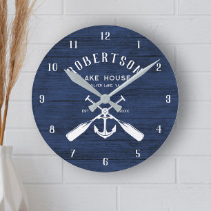 Nautical Family Sjö House Anchor Navy Blue Wood Rund Klocka