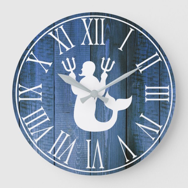 Nautical Faux Blue Wood & Merman Silhouette Stor Klocka (Framsida)