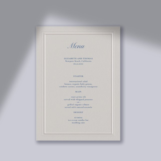 Nautical Faux Embossed Blue Modern Classic Bröllop Meny (wedding menu card traditional classic formal  faux embossed nautical  frame ocean beach boat yacht)