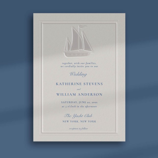 Nautical Faux Embossed Modern Classic Bröllop Inbjudningar (nautical beach boat yacht coastal ocean wedding invitation faux embossed pearl frame classic)