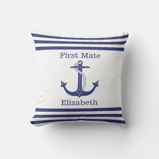 Nautical First Mate Blue Anchor Add Namn Kudde (Framsida)