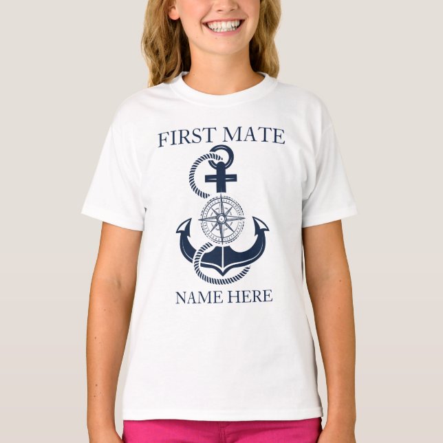 Nautical First Mate Boat Namn Blue Anchor T Shirt (Framsida)