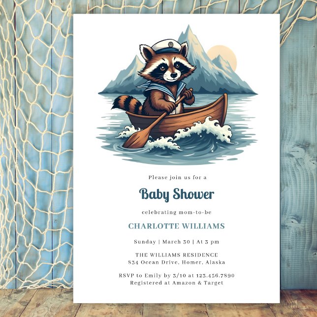 Nautical Fishing Sailor Raccoon Boy Shower Inbjudningar (Nautical Boy Baby Shower Invitation with Cute Fishing Raccoon and Mountain Scene)
