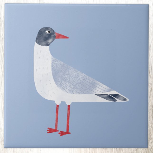 Nautical Fiskmås Bird Himmel Blue Kakelplatta (Fun Black Headed Gull seagull ceramic tile)