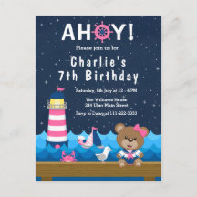 Nautical flicka björn rosa och marin födelsedagsfe