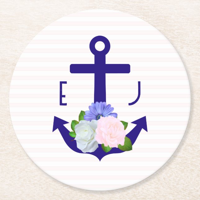 Nautical Floral Stripes Wedding Underlägg Papper Rund (Framsidan)