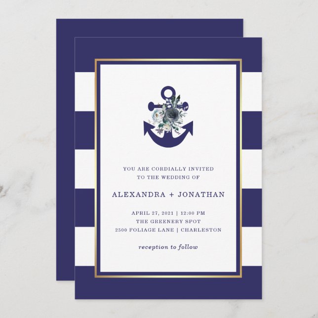 Nautical Flowers | Blått Blommigt Rand Bröllop Inbjudningar (Fram/baksida)