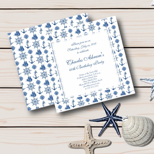 Nautical Födelsedagsfest Blue and White Anchor Inbjudningar (All texts are fully customizable.)