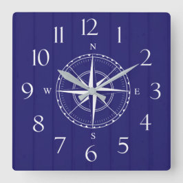 Nautical Frakt Compass Navy Blue Wood Fyrkantig Klocka